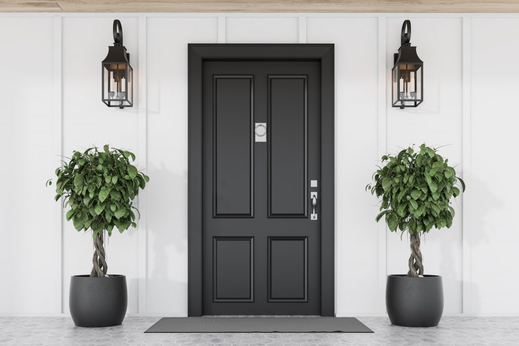 Stylish black front door of modern house with white walls, door mat, two trees in pots and lamps. 3d rendering